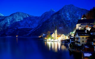 Картинка Австрия, зима, Hallstatt, ночь, огни