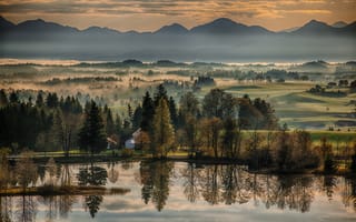 Картинка Wildsteig, Германия, река, деревья, Germany, осень, отражение, горы, Бавария, Bavaria, Вильдштайг, рассвет, утро