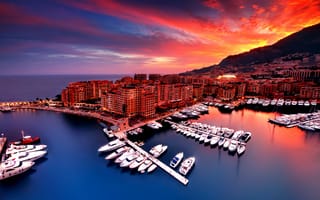 Картинка Monaco, город, дома, рассвет, яхты, бухта, гора