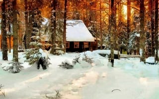 Картинка зима, картина, масло, дом, деревья, снег, лес, холст