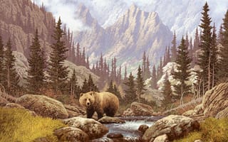 Картинка картина, медведь, пейзаж, небо, ручей, горы, речка