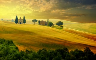 Обои Italy, деревья, лето, Landscape, сельская местность, nature, закат, summer, sunset, countryside, Тоскана, Tuscany, beautiful field, пейзаж, trees, небо, природа, красивые поля, Италия, sky