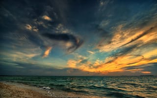 Картинка море, закат, облака, вечер, пляж