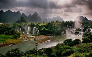 Картинка Vietnam, водопады, river, Вьетнам, sunbeams, солнечный луч, waterfalls, речка