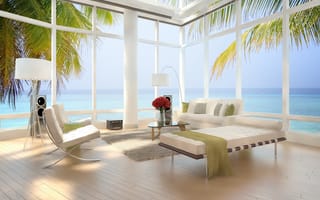 Картинка Interior, современный, Beach Loft, дизайн, роскошный, вид на море, стулья, bed, кровати, стильный, пальмы, Apartment, design, Интерьер, Modern, sea view, Luxury, chairs, stylish, квартира, palm trees, Пляж Лофт
