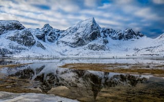 Картинка горы, отражение, природа, пейзаж, озеро, снег, зима