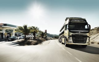 Картинка Volvo, блик, FM, Truck, тягач, заправка, sun, front
