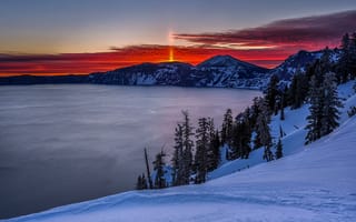 Картинка горы, зима, озеро, снег, кратер, рассвет, Crater Lake