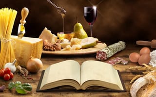Картинка стол, вино, лук, мед, сыр, бокал, хлеб, яйца