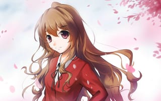 Картинка anime, девушка, lancefate, toradora!, взгляд, улыбка, школьная форма, aisaka taiga, лепестки, art