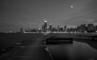 Картинка Chicago, небоскребы, огни, здания, черно-белое, ночь, Чикаго