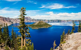Картинка Crater Lake, Орегон, Oregon, деревья, Crater Lake National Park, Озеро Крейтер, остров