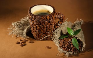 Обои coffee beans, листья, кружки, зёрна, leaves, креатив, Cup of coffee, coffee, кофе