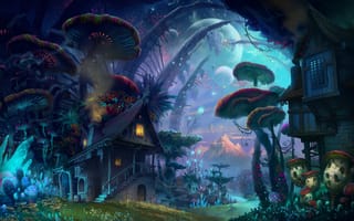 Картинка свет, Фантастика, грибы, Фэнтези, гриб, лес, планеты, небо, луна, дом