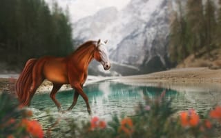 Картинка природа, горы, озеро, лошадь, by Fiirewolf