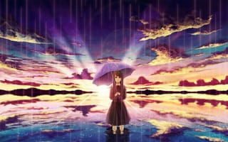 Обои арт, зонт, amemura, отражение, вода, аниме, дождь, солнце, девушка, закат, облака, небо