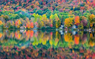 Картинка осень, дома, отражение, озеро, лес