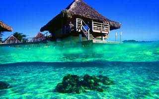 Картинка бунгало, blue lagoon, Бора, bora-bora, french polynesia, океан