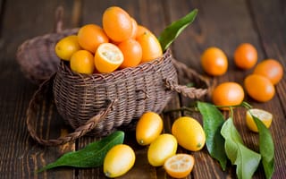 Картинка кумкват, Anna Verdina, фрукты, корзинка, оранжевые, цитрусы, листья