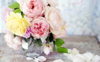 Картинка розы, пионы, лепестки, розовые, букет, банка, желтые, цветы, ваза