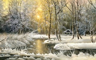 Картинка живопись, домик, зима, маслом, снег, холод, деревья, картина