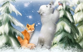 Обои арт, живопись, снегирь, медвежонок, сказка, снежинки, игра, painting, картина, снег, лиса, любопытство, елки