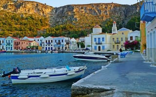 Картинка солнце, скалы, Kastelorizo, дома, Aegean Sea, берег, лодка, Греция