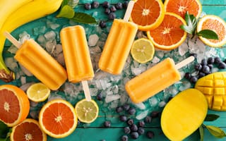 Картинка лед, лимон, черника, мороженое, апельсин, бананы, десерт, манго