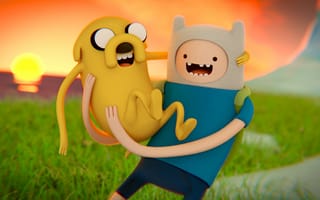 Картинка Adventure time, art, анимация, финн, jake, арт, мальчик, собака, finn, cartoon network, джейк, время приключений, at, солнце