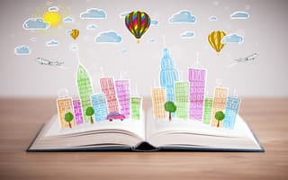 Картинка открытая книга, деревья, облака, здания, самолет, город, машины
