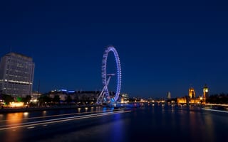 Картинка London Eye, столица, England, огни, London, архитектура, Англия, Колесо Обозрения, Великобритания, Лондон, Great Britain, capital, здания, подсветка, вечер, шоссе