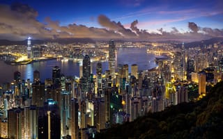 Картинка огни, город, облака, гонг конг, Hong Kong, вечер