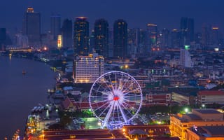 Обои Тайланд, подсветка, панорама, вид, ночной город, колесо обозрения, река, небоскребы, здания, огни, освещение, дома, Бангкок, мегаполис, столица