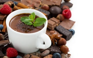 Картинка ягоды, малина, орехи, корица, мята, напиток, черника, шоколад