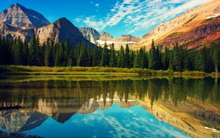 Картинка Скалистые горы, Mount Grinnell, Национальный парк Глейшер, лес, отражения, небо, озеро