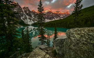 Картинка деревья, горы, озеро, природа, Канада, Морейн, скалы, Альберта