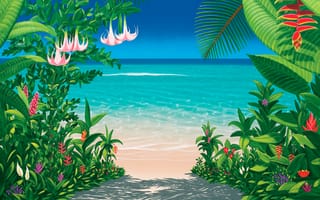Картинка Пляж, песок, волны, цветы, небо