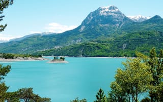 Картинка горы, озеро, остров, часовня, France, Франция, le lac de Savines, Chapeelle St-Micehle