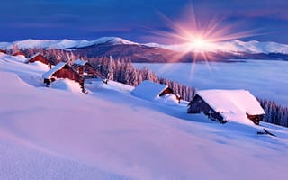 Обои природа, sunset, nature, небо, scenery, house, снег, cool, sky, winter, nice, white, пейзаж, дом, beautiful, snow, зима, landscape