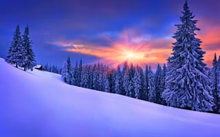 Обои природа, небо, beautiful, cool, snow, sunset, дом, sky, house, пейзаж, зима, nature, nice, scenery, landscape, white, winter, снег
