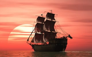 Картинка рендеринг, пейзаж, паруса, закат, корабль, океан