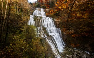 Картинка осень, лес, Cascade du Herisson, Франция, водопад