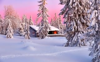 Картинка деревья, небо, природа, дом, пейзаж, горы, снег, зима