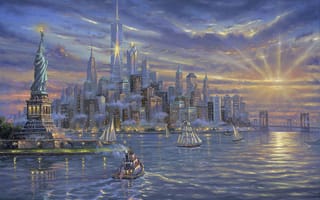 Картинка Robert Finale, небоскрёбы, залив, арт, Freedom Tower, Нью-Йорк, Статуя Свободы, здания, парусники, море, небо, облака, закат, корабли, вечер, яхты, New York