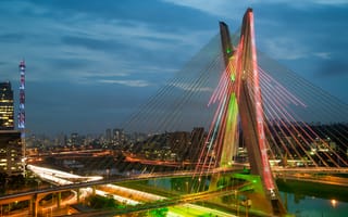 Картинка Sao Paulo, опора, Сан-Паулу, дома, небо, мост, огни, река, облака, хайвэй, вечер, Бразилия