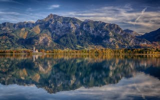 Картинка Lake Forggensee, озеро Форггензе, Alps, Germany, Альпы, Германия, отражение, горы, Neuschwanstein Castle, Бавария, Замок Нойшванштайн, Bavaria