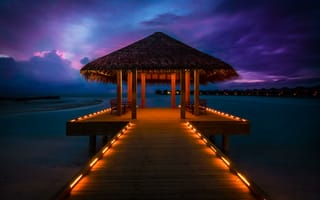 Обои Maldives, Anantara Resort, бунгало, пирс, океан, закат