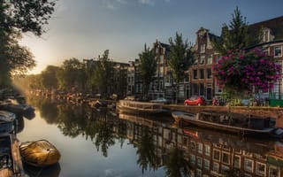 Картинка улица, hdr, амстердам, multi monitors, Де-Валлетьес, Jordaan, нидерланды, pano, ultra hd, канал, лодки, Amsterdam, Netherlands
