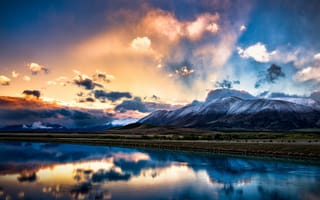 Картинка свет, небо, отражение, облака, South island, New Zealand, горы