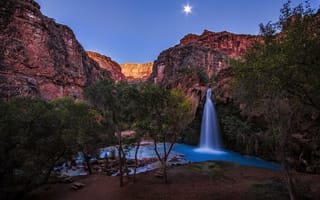 Картинка Arizona, sandstone, Havasupai Reservation, southwest, aquamarine, full moon, waterfall, Grand Canyon, rocks, Havasu Falls, warming filter